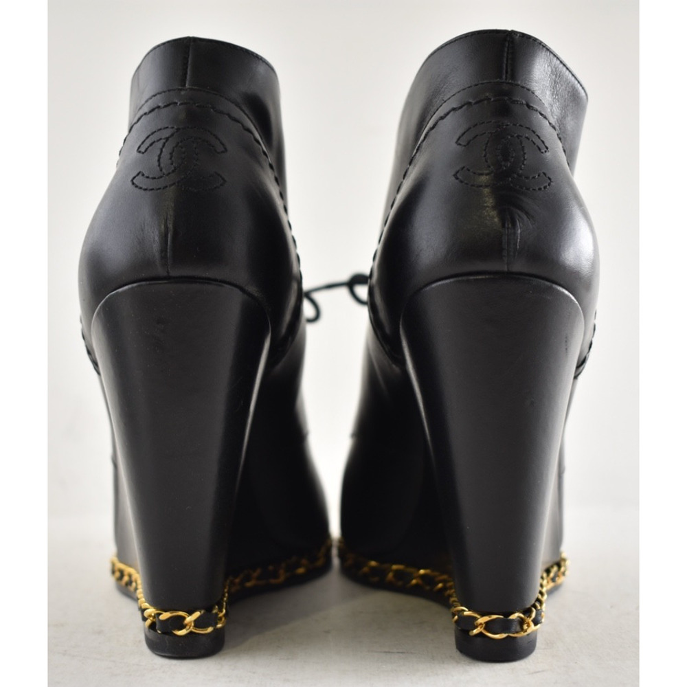 Chanel Black Leather Gold Chain Around CC Logo Lace Up Tie Ankle Wedge Boot 38.5 - Picture 15 of 16